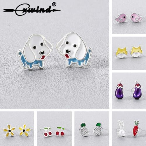 Cxwind Cartoon Enamel Rabbit Earring Boy Girl Animal Bee Flower Dog Stud Earrings for Women Lady Korean Minimalist Jewelry