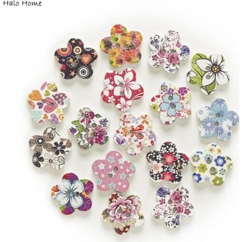 50pcs Mixed 2 Hole Flower Wood Buttons Sewing Scrapbooking Home Clothing Decor Handmade Wooden DIY 17mm