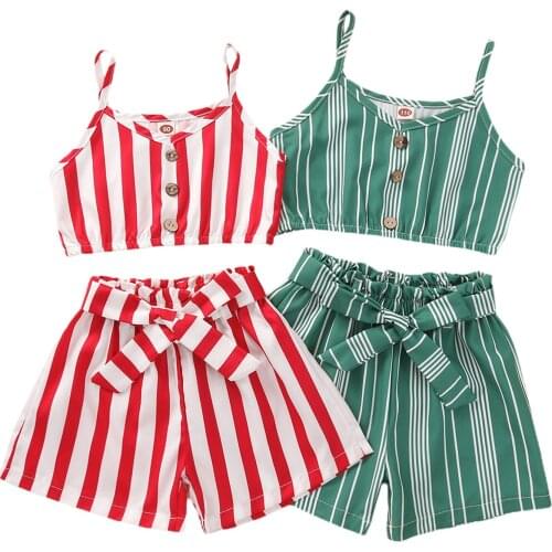 Infant Kids Baby Girl’s Summer Two Piece Set Fashion Stripe Button Suspender Tops and Bandage Short Pants 2-6T