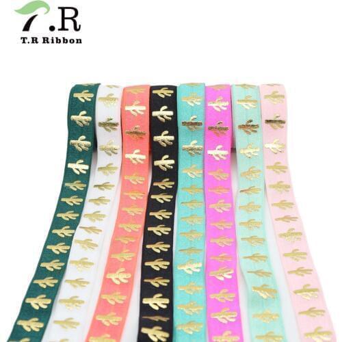 15mm gold foil printed foe Cactus fold over elastic ribbons for hair accessories,50 yards per lot