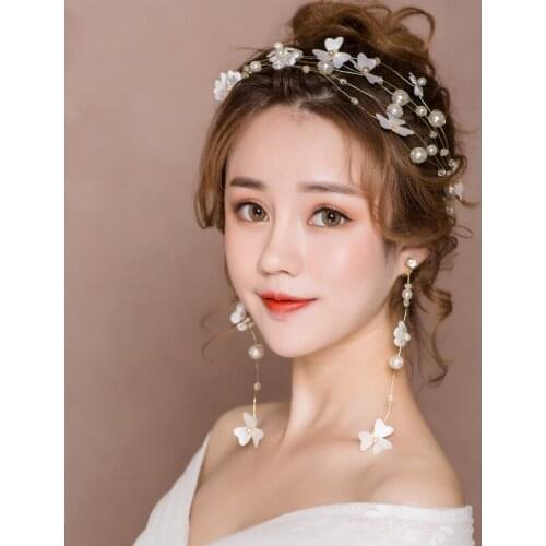 Elegant Handmade Pearl Flower Hairband Earring Set Wedding Bridal Headdress Hair Jewelry Headpiece Bridal Hair Accessories