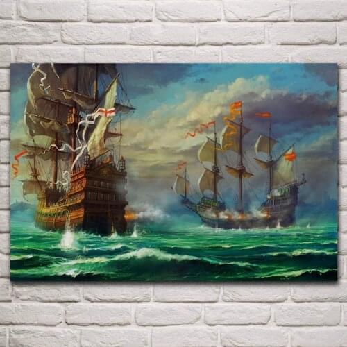 Fireing boat sailing ship vehicle sea battle war military artwork living room home wall art decor wood frame fabric poster KP277