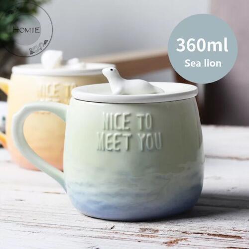 360ml Cute Cat Ceramics Coffee Mug With sea lion Lid Large Capacity Animal Mugs creative Drinkware Coffee Tea Cups Novelty Gifts