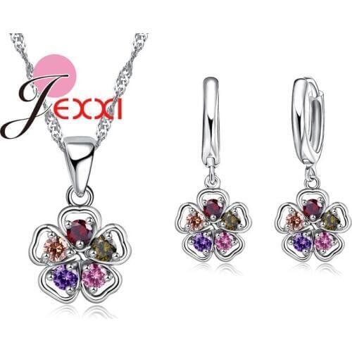 Beautiful Flower Pendant Women/Girls 925 Sterling Silver Jewelry Set Necklace & Earrings Shiny Cubic Zirconia Wholesale
