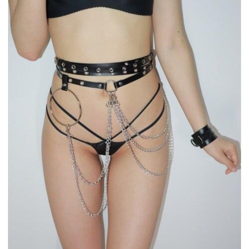 Leather chain lingerie black leather harness Fashion belt adjustable,chain garters,chain erotic lingerie bondage Sexy harness