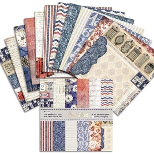 KSCRAFT 12pcs 6" Single-side Printed Blue and Red pattern creative papercraft art paper handmade scrapbooking kit set books