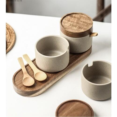 Kitchen Canister Sets Retro Ceramic Seasoning Jar with Lid Kitchen Salt Shaker Seasoning Box Set Acacia Wooden Tray with Spoon