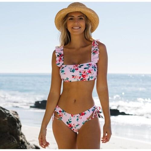 Swimsuit For Women Sexy Bikinis Pink Print Flower Rose Swimwear Bathing Suit Brazil Split Swimsuit Beach Wear Biquinis Set SW479