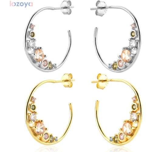 Lozoya 925 Sterling Silver CZ Rainbow Gold 22mm Zircon CZ Hoop Rainbow Circel Loops Pendiente Luxury Jewelry Clips Earrings