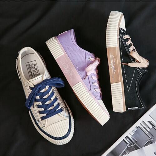 Fashion Canvas Flat Shoes Womens Sneakers Casual 2020 Students Ladies Lace Up Platform Flats Sewing Comfort Female Footwear New