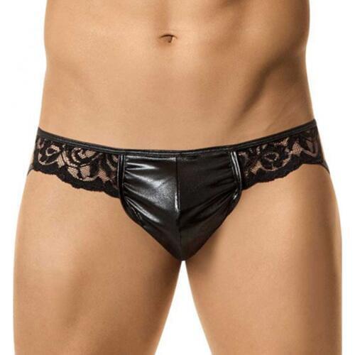 Gay Men Underwear Faux Leather Lace Patchwork Briefs Wetlook Clubwear Erotic Open Crotch Men Leather Lingerie Briefs Underwear