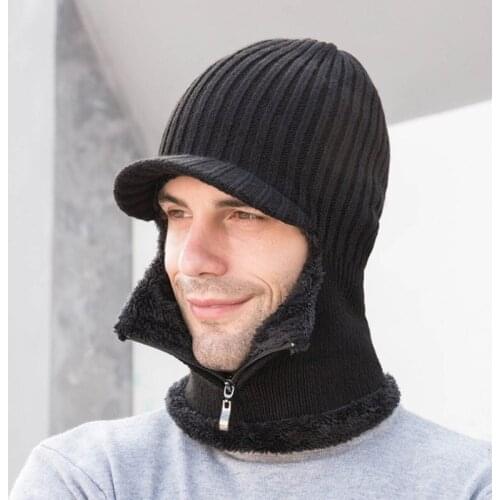 Mens winter knitted hats with zipper, new addition of fur lining to keep warm hats, mens winter hats, warm and windproof hats