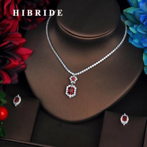 HIBRIDE Charm Red Luxury Sparkling Cubic Crystal Jewelry Sets For Women Engagement Show Necklace Earrings Bijoux Set Gifts N-579