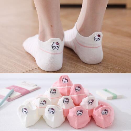 Fashion Women Lovely Cotton Socks Boat Shallow Mouth Short Heel Cat Embroidery White Pink Socks Sweat-absorbing And Breathable