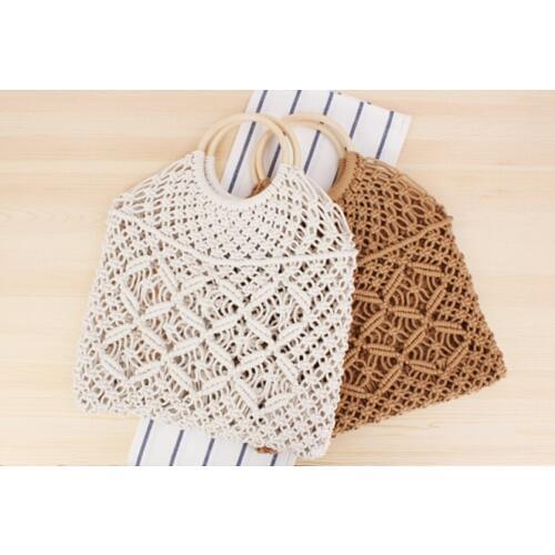 Chinese style new solid color hand-woven bag tide female Sen grass bag hand-cotton rope net holiday beach bag