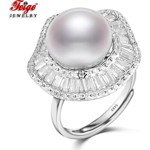 New Design 925 Sterling Silver Cubic Zirconia 11-12mm Natural Freshwater Pearl Rings for Women Gifts Wedding Jewelry Rings FEIGE