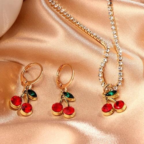 Flatfoosie Fashion Red Cherry Jewelry Set For Women Exquisite Cherry CZ Pendant Necklace and Earring Sets New Design Jewelry