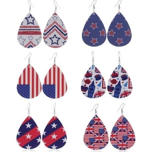 ZWPON 2020 Union Jack Flag Motif PU Leather Teardrop Earrings for Women Star Print Vegan Leather Earrings Jewelry Wholesale