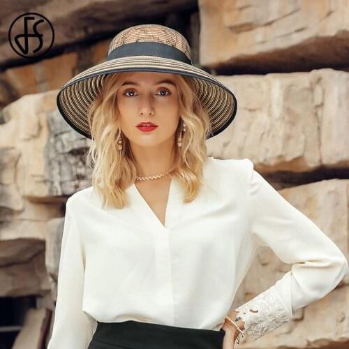 FS Wide Brim Beach Hats For Women Large Straw Hat Brown UV Protection Foldable Sun Hat With Ribbon Summer Outdoors Travel Cap