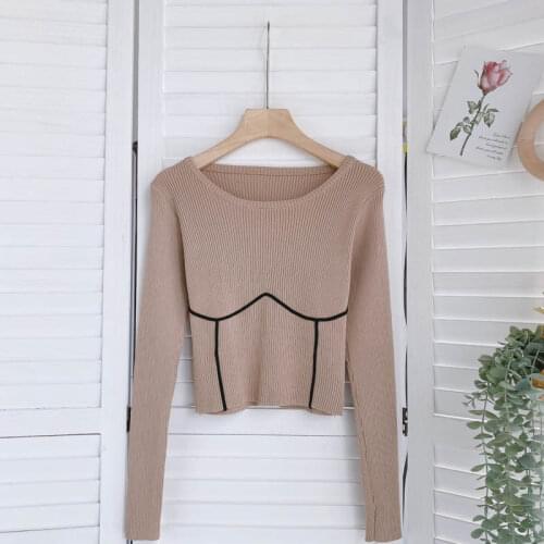 Long-sleeved T-shirt Womens Color Matching Slim Short Top Autumn Womens 2021 New All-match Base Sweater DK1043