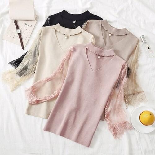 Women V-Neck Hollow T-Shirts Knitted Slim Top Lace Stitching Half Sleeeve Casual Tops