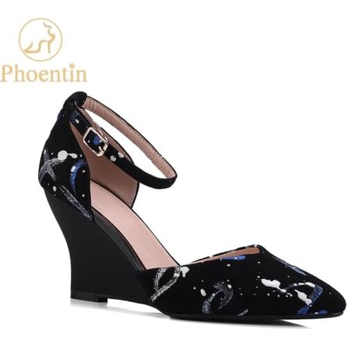 Phoentin printed wedges shoes for women 2020 sheep suede womens shoes heels wedge pointed toe ankle strap pumps 8cm party FT855