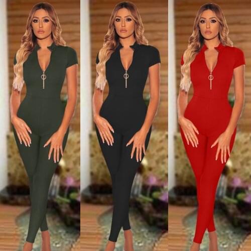Wantmove 2021 Womens New Summer Zipper Short Sleeve Sexy Bodycon Casual Office Lady Club Jumpsuits AM812