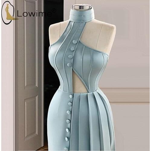 Light Blue High Neck Evening Dresses 2021 Cut-Out Floor Length Satin Prom Party Gowns vestidos de famosas