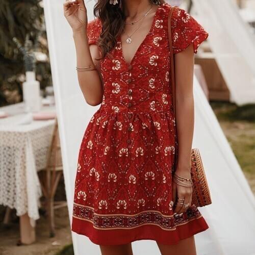 Womens V-Neck Floral Print Mini Dress Short Sleeve Mid Waist Casual Pleated Swing Dresses for Summer d88