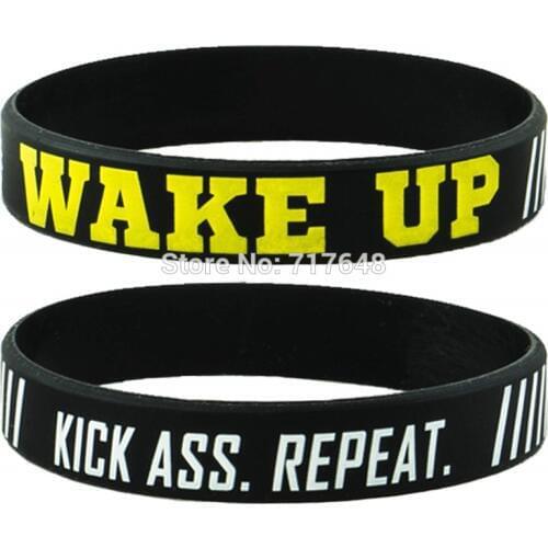100pcs Inspirational Quote WAKE UP Kick Ass Repeat wristband silicone bracelets free shipping by ePacket A
