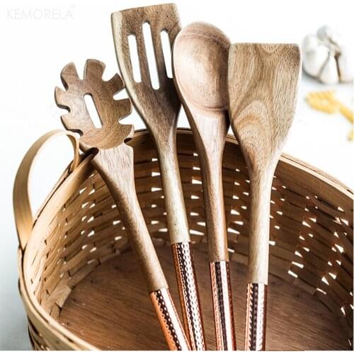 4PCS Spatula Copper Serving Cooking Utensils Sets Wooden Serving Spoons With Rose Gold Handles Spoons Scoop Kitchen Accessories