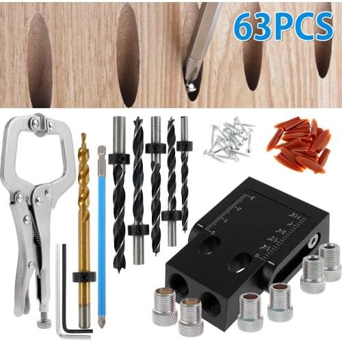 63pcs Woodworking Pocket Hole Screw Jig Dowel Drill Joinery Kit Angle Guide Hole Positioner Locator Tools Hole Drive Adapter