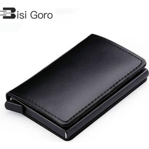 BISI GORO New Genuine Leather Wallet Slim Business Card Holder RFID Blocking Mini Purse Vintage Antitheft Organizer Card Wallet