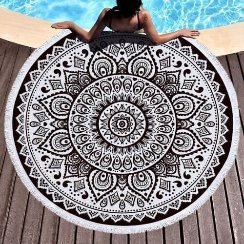 Black and White Toalla Floral Blanket Indian style Round Beach Towel Boho Tassel Mandala Lotus Tapestry 150cm Big Area Yoga Mat