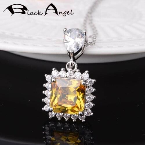 BLACK ANGEL Fashion Exquisite Square Luxury Citrine Pink Gemstone 925 Silver Pendant Necklace For Women Wedding Gift Jewelry