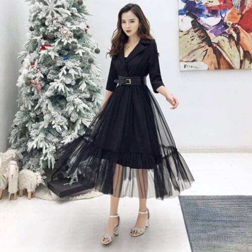 Sexy Mesh Patchwork Elegant Blazer Dresses Vestidos 2020 Spring Notched Collar Three quarter sleeve Long Dress Free Belt
