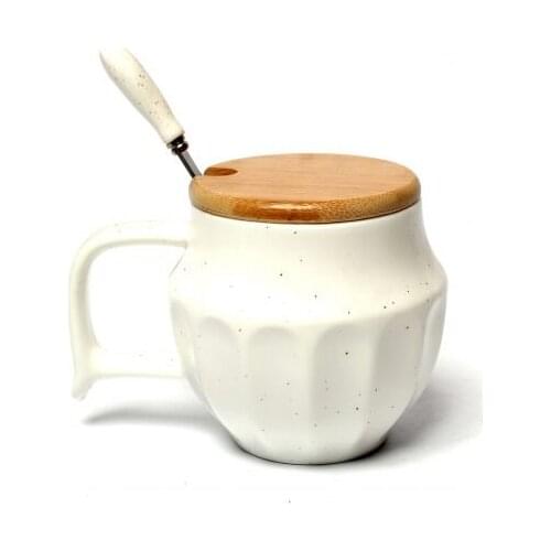 White Matt Color With Wooden Lid With Spoon Porcelain Mug Cup
