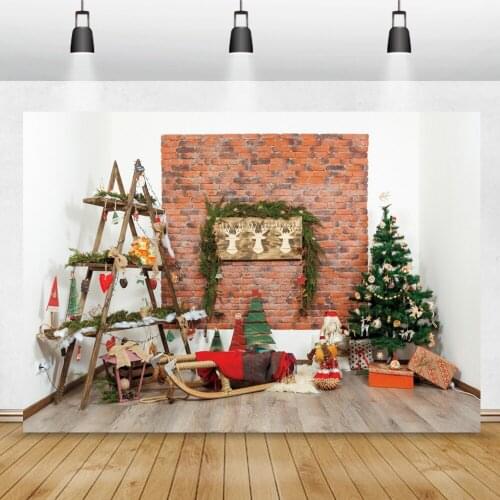 Laeacco Christmas Tree Brick Wall Wood Ladder Shelf Sledge Fireplace Baby Gift Party Interior Photo Backdrop Photo Backgrounds