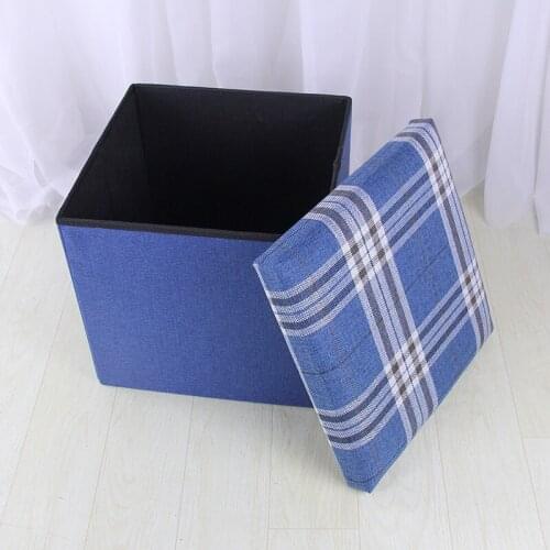 Retro Plaid Linen Storage Stool Folding Shoe Changing Stool Can Sit with Lid Storage Stool
