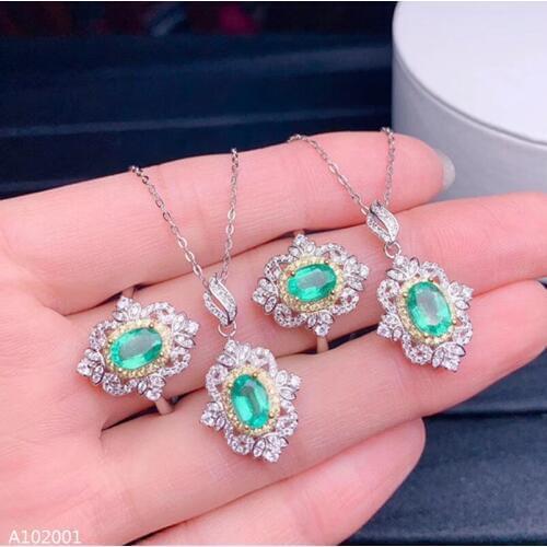 KJJEAXCMY Fine Jewelry 925 sterling silver inlaid natural emerald girl ring necklace pendant water drop detection