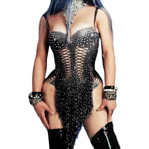 Sparkling Rhinestones Black Fringes Sleeveless Bodysuits Skinny Women Jumpsuits Singer Performance Stage Wear Jazz Dance Costume