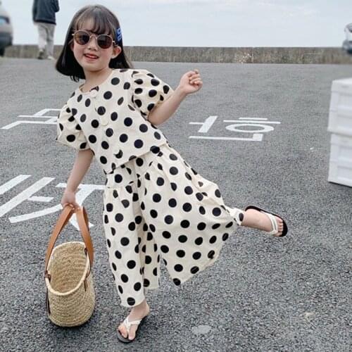 Summer 3-8Y Girls Clothing Set Childrens Korean Polka Dot Suit Girl Kids Shirt Tops+Pants Two-piece Suit Children Outfits