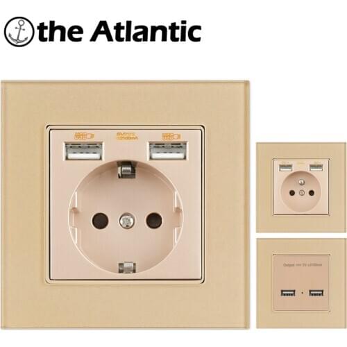 Atlectric EU FR Standard Wall Socket Dual USB Port European French Socket Tempered Glass Panel Outlet Electrical Plug