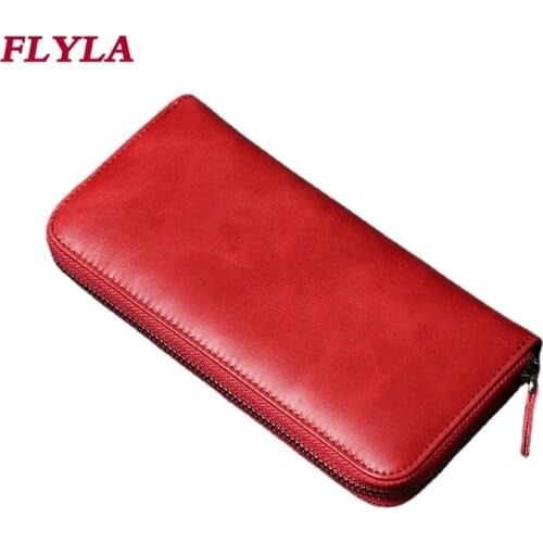 2021 New Women Leather Wallet Antique Oil Wax Leather Mens Multi-card Long Handbag Fashion Zipper Card Holder