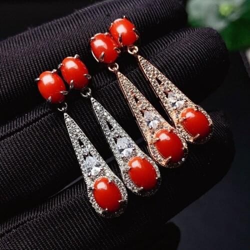 Charming Natural Red Coral Stud Earrings for Silver Jewelry Water Drop Natural Coral Real 925 Silver Gold Plated Party Gift