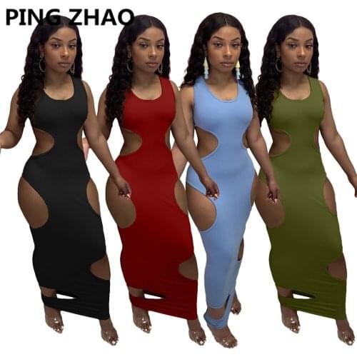 PING ZHAO Cut Out Hole Side Tank Maxi Womens Dress Sexy Night Party Sleeveless Bodycon Long Dresses 2021