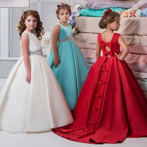 Stain Flower Girl Dress Ball Gown Sleeveless Elegant Girls First Communion Dresses with Crystal Waist Sash Birthday Gown