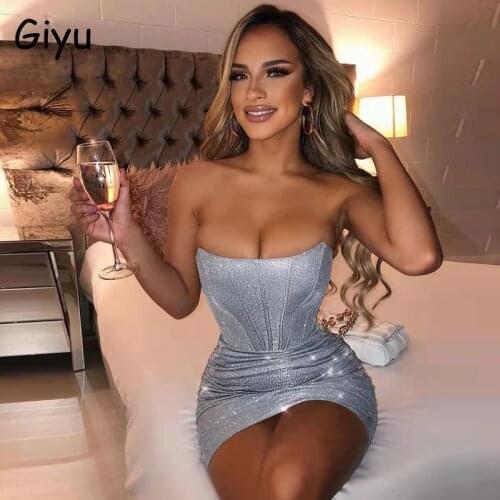 Glitter Sparkle Night Club Party Dress Women 2021 Summer Sexy Bodycon Mini Dresses Strapless Backless Elegant Ruched Vestidos