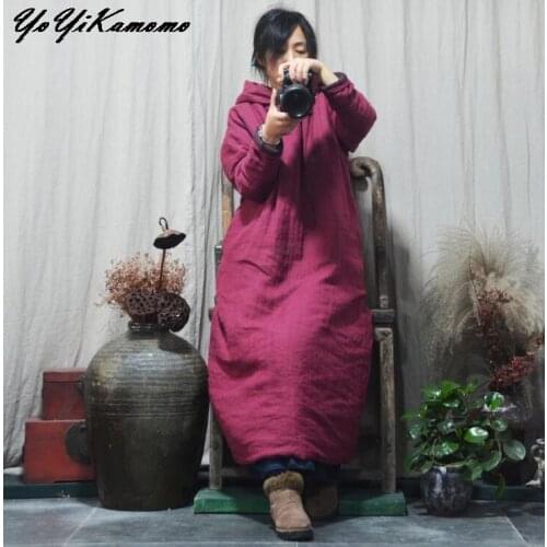 YoYiKamomo Cotton Linen Dress Winter Autumn 2018 Warm Hooded Original Long Winter Vintage Casual Loose Women Robe