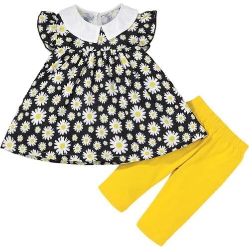 Girls Casual Two-piece Clothes Set, Floral Printed Pattern Ruffled Collar Tops and Solid Color Pants